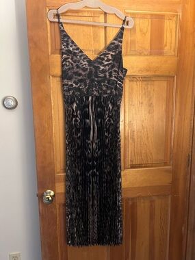 All Saints Black and Brown Animal-Print Pleated Midi Dress